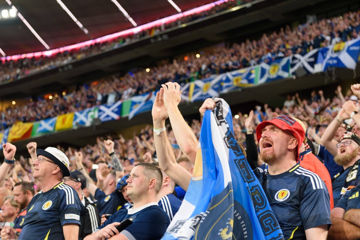 Munich, Germany, June 14th 2024: Fans of Scotland in the stands before the UEFA EURO, EM, Europameisterschaft,Fussball 2024 Group A football match between Germany and Scotland at Arena Munich, Germany ...