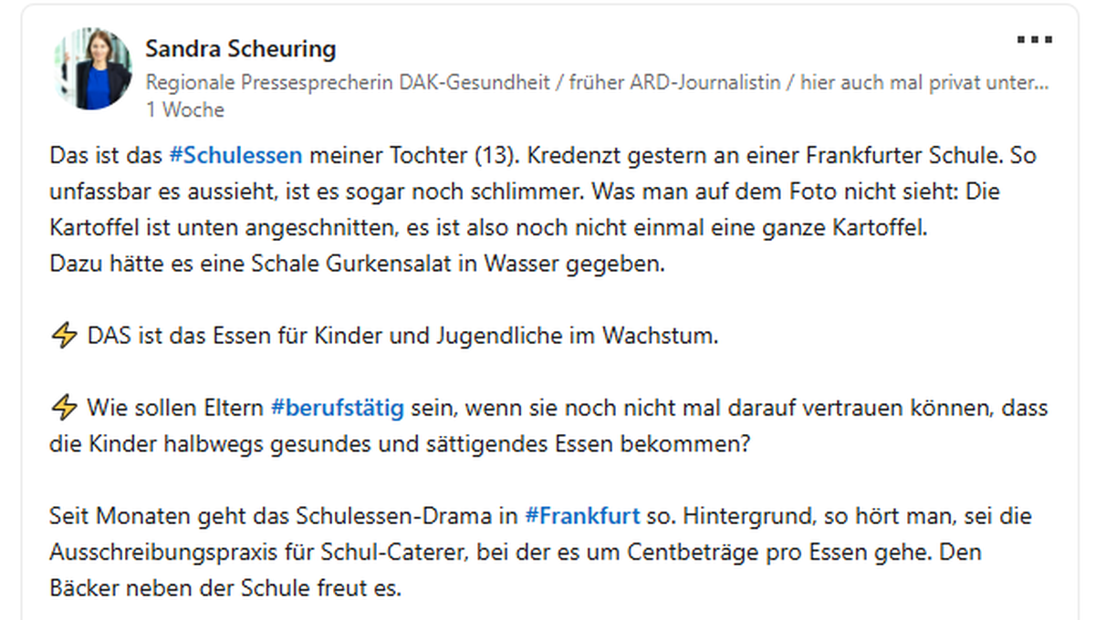 Sandra Scheuring macht ihrem Ärger über das mickrige Schulessen ihrer Tochter Luft.