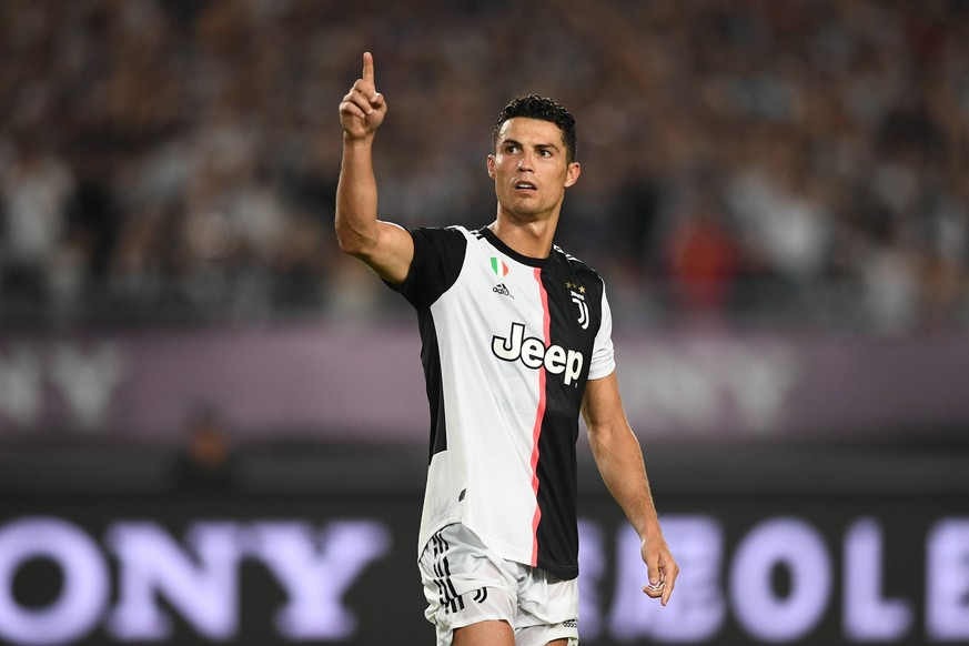 Portuguese football player Cristiano Ronaldo of Juventus F.C. celebrates after scoring against Inter Milan during the 2019 International Champions Cup football tournament in Nanjing city, east China s ...