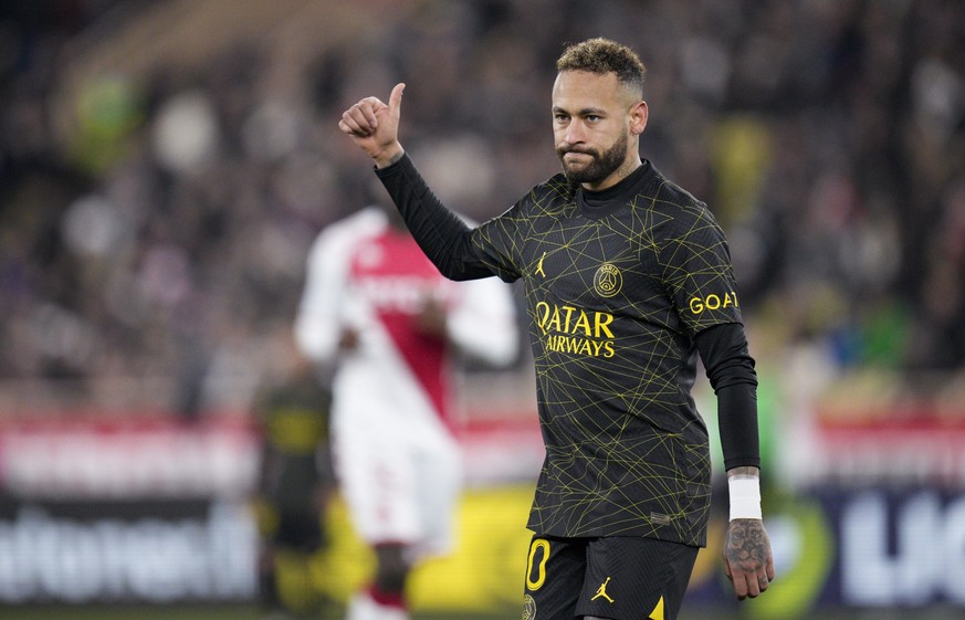 PSG&#039;s Neymar gestures during a French League One soccer match between Monaco and Paris Saint-Germain at the Stade Louis II in Monaco, Saturday, Feb. 11, 2023. (AP Photo/Daniel Cole)