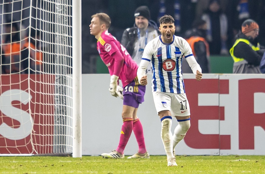 ARCHIV - 06.12.2023, Berlin: Fußball: DFB-Pokal, Hertha BSC - Hamburger SV, Achtelfinale, Olympiastadion. Nader El-Jindaoui von Hertha BSC jubelt nach seinem Tor im Elfmeterschießen. Nader El-Jindaoui ...