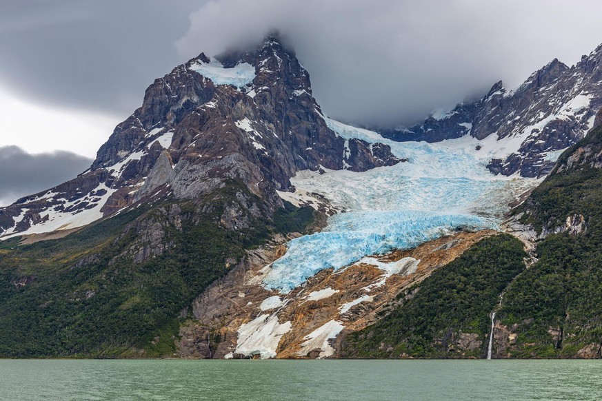 The Balmaceda peak and glacier by the Last Hope Sound or Fjord inside Bernardo O&#039;Higgins national park near Puerto Natales and Torres del Paine national park, Patagonia, Chile.