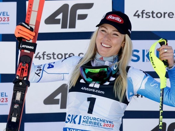 Alpine Skiing - FIS Alpine Ski World Cup - Women&#039;s Slalom - Meribel, France - February 18, 2023 Mikaela Shiffrin of the U.S. celebrates her second place on the podium at the Women&#039;s Slalom R ...