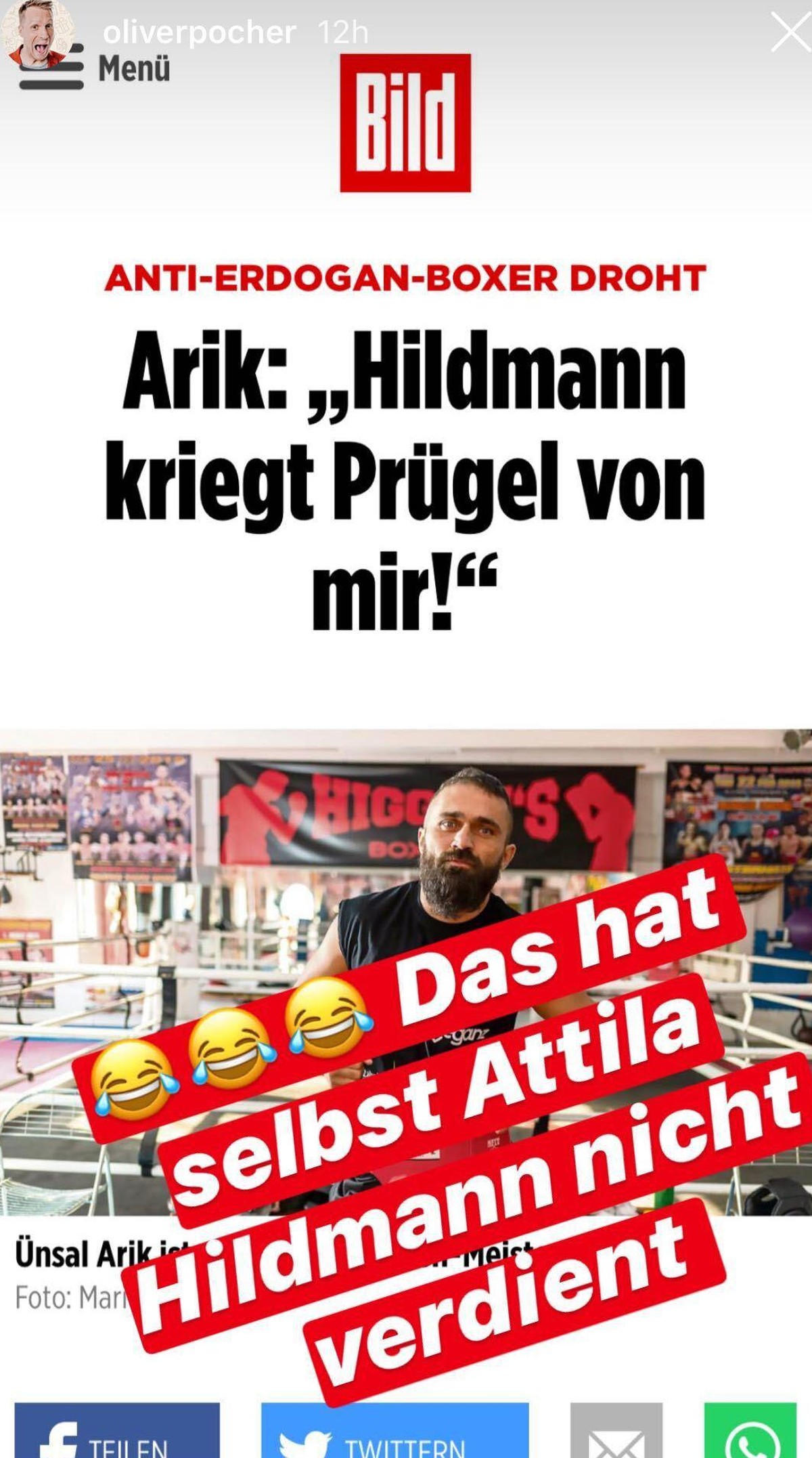 Oliver Pocher: Auf Instagram postet der Comedian eine direkte Botschaft an Boxer Ünsal Arik.