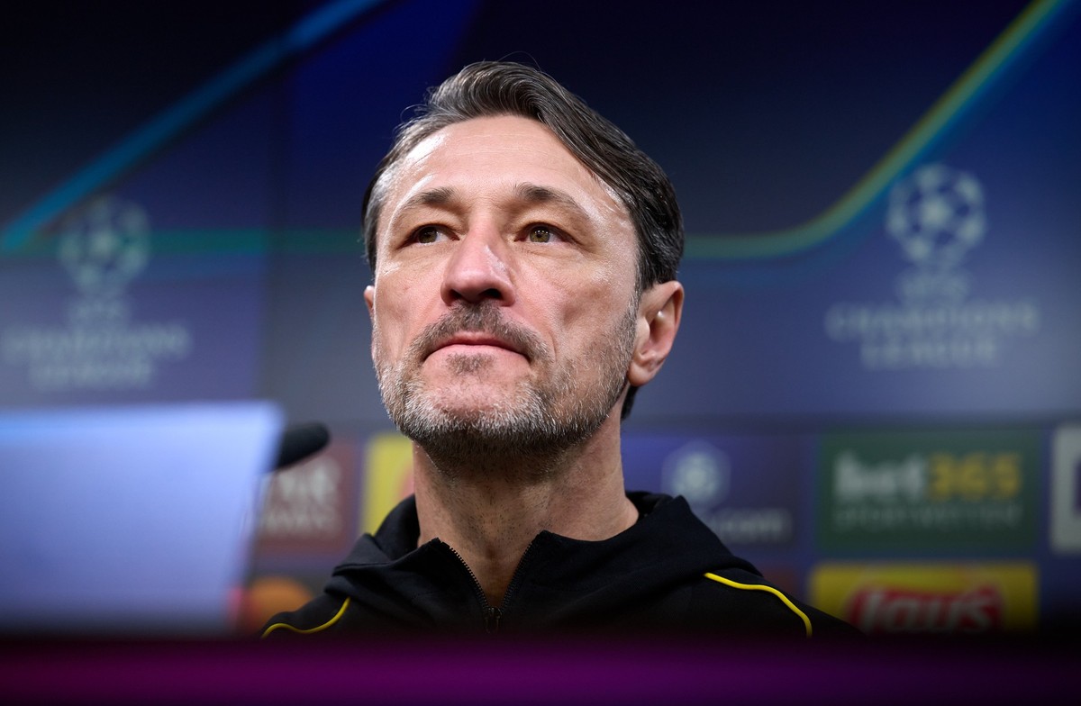 03.03.2025, Nordrhein-Westfalen, Dortmund: Fu�ball: Champions League, vor dem Achtelfinal-Hinspiel Borussia Dortmund - OSC Lille. Trainer Niko Kovac von Dortmund bei der Pressekonferenz. Foto: Bernd T ...