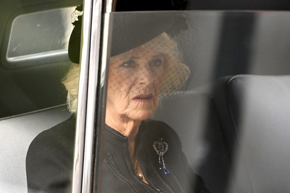 LONDON, ENGLAND - SEPTEMBER 19: Camilla, Queen Consort is seen leaving Westminster Abbey on September 19, 2022 in London, England. Elizabeth Alexandra Mary Windsor was born in Bruton Street, Mayfair,  ...