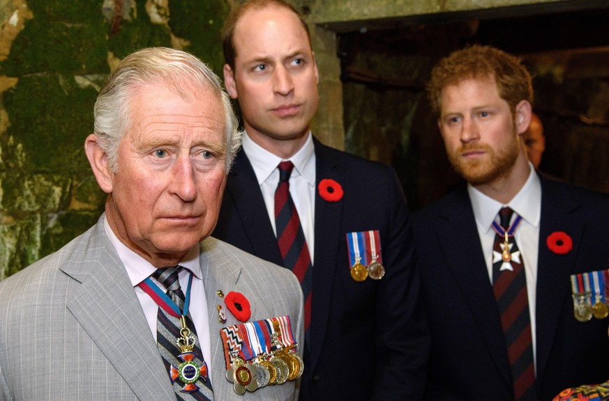 VIMY, FRANCE - APRIL 09: Prince Charles, Prince of Wales, Prince William, Duke of Cambridge and Prince Harry visit the tunnel and trenches at Vimy Memorial Park during the commemorations for the cente ...