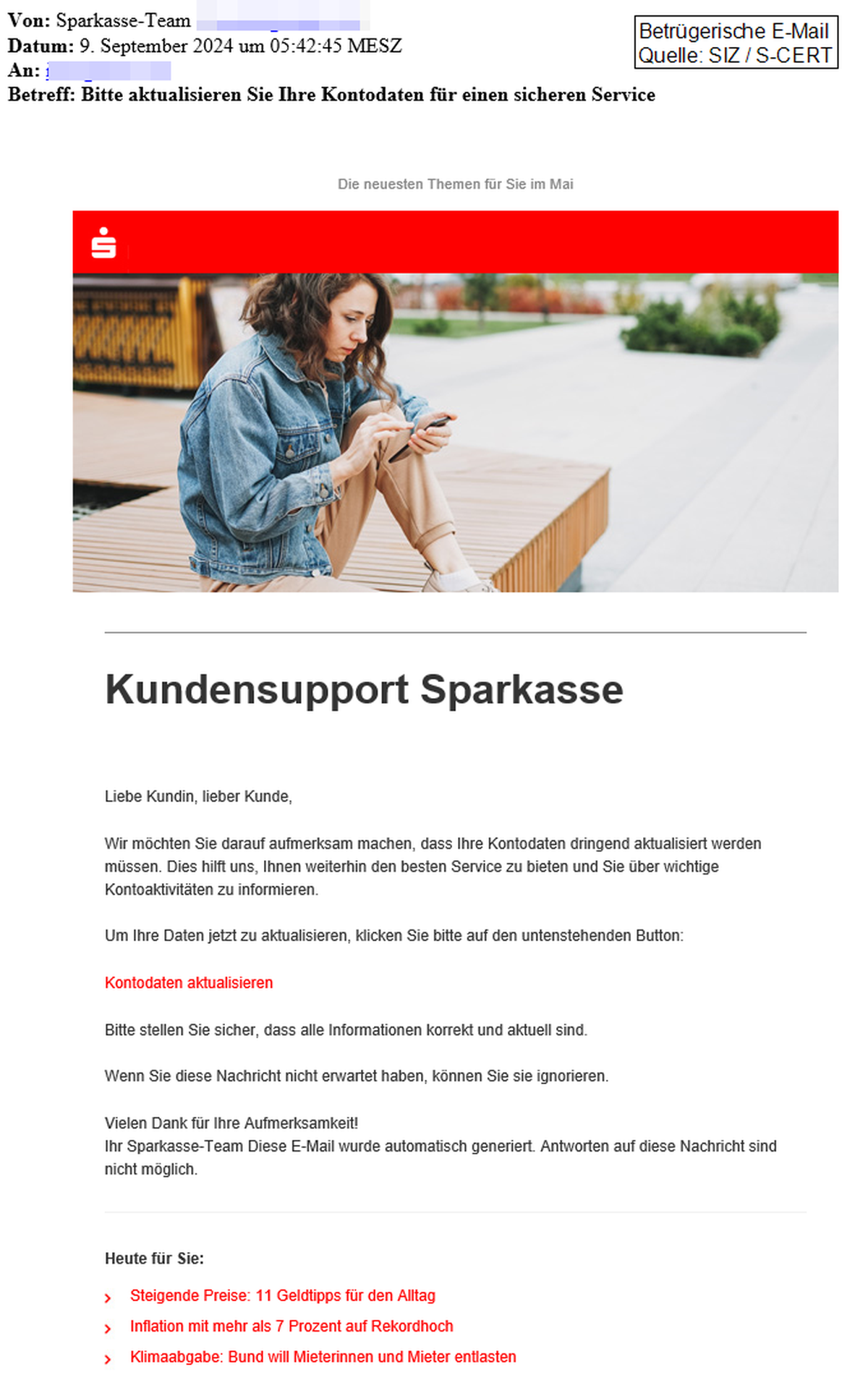 So sieht die Mail aus, vor der die Sparkasse warnt.