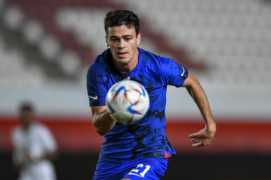 FILE - United States&#039; Gio Reyna chases the ball during an international friendly soccer match between Saudi Arabia and the United States in Murcia, Spain, Sept. 27, 2022. The U.S. men&#039;s socc ...