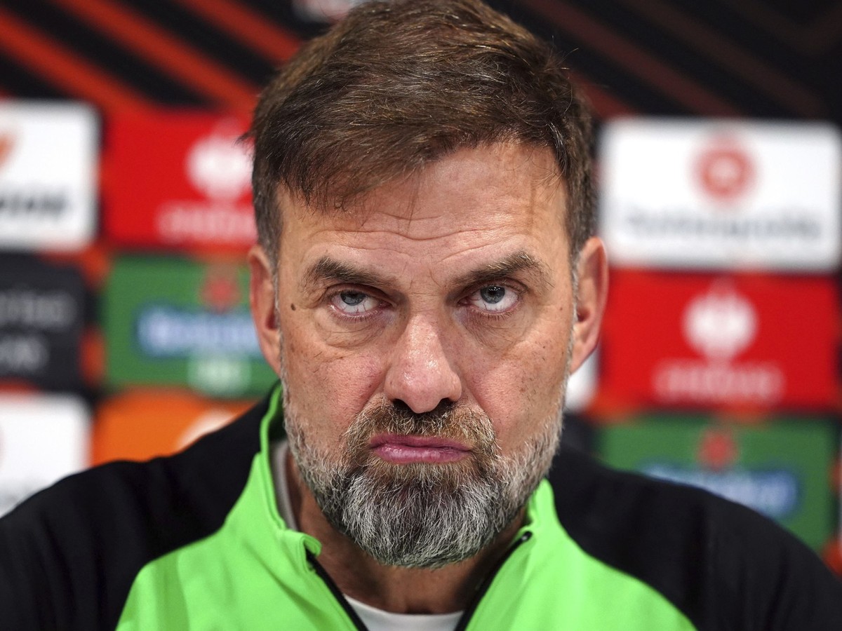 Liverpool manager Jürgen Klopp listens to a question during a press conference at Anfield Liverpool, England, Wednesday, April 10, 2024. Liverpool play Atalanta in an Europa League soccer quarterfinal ...