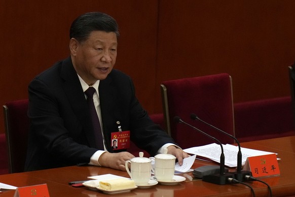 Chinese President Xi Jinping speaks during the closing ceremony of the 20th National Congress of China&#039;s ruling Communist Party at the Great Hall of the People in Beijing, Saturday, Oct. 22, 2022 ...