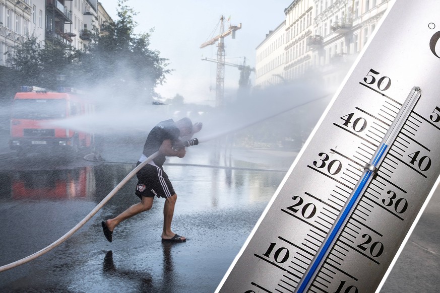 Feuerwehrmänner der Feuerwache Prenzlauer Berg verschaffen sich und einigen Passanten, mir einer kurzen Wasserschlacht vor der Feuerwache eine kleine Abkühlung. Allerdings wurden auch die umstehenden  ...