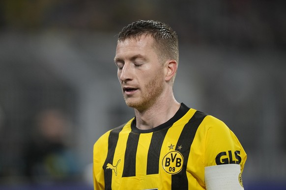 Dortmund&#039;s Marco Reus reacts during the German Bundesliga soccer match between Borussia Dortmund and RB Leipzig in Dortmund, Germany, Friday, March 3, 2023. (AP Photo/Martin Meissner)