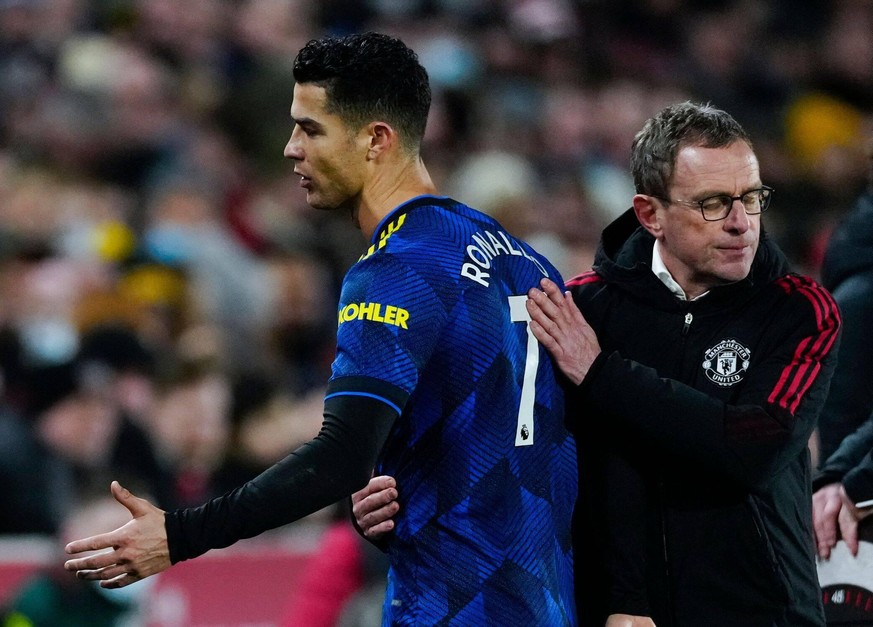 Mandatory Credit: Photo by Dave Shopland/Shutterstock 12763647co Ralf Rangnick manager of Manchester United, ManU with frosty looking Cristiano Ronaldo as he brings him off in 2nd half Brentford v Man ...