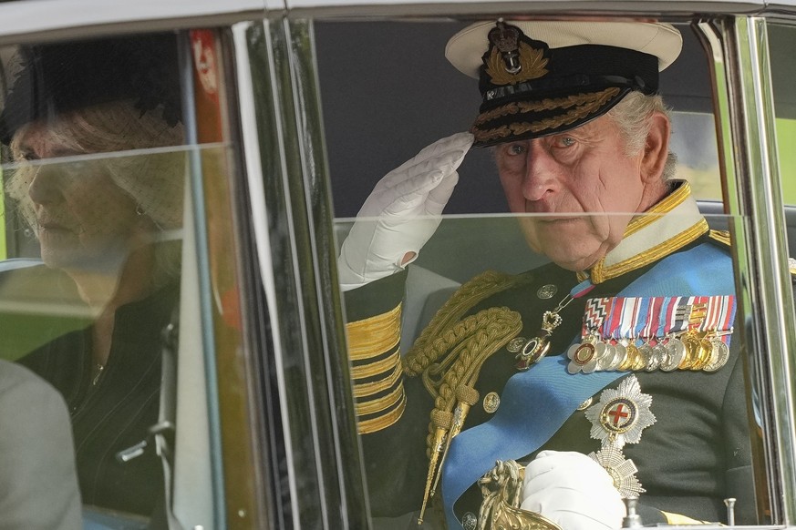 FILE - King Charles III salutes as he leaves Westminster Abbey following the state funeral service of Queen Elizabeth II in Westminster Abbey in central London Monday Sept. 19, 2022. King Charles III  ...