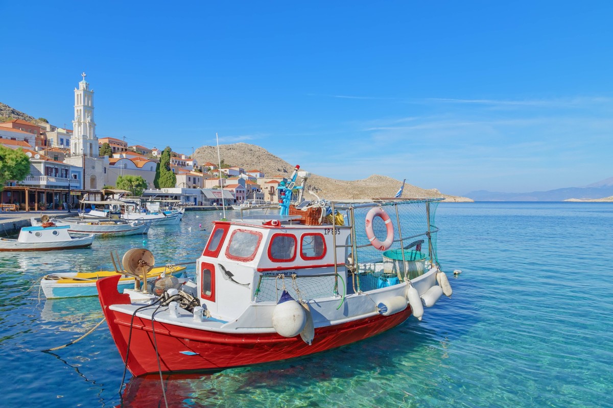 Fishing boats, Emporio harbour, Halki Island, Dodecanese Islands, Greek Islands, Greece, Europe Copyright: MarcoxSimoni 718-2906 RECORD DATE NOT STATED