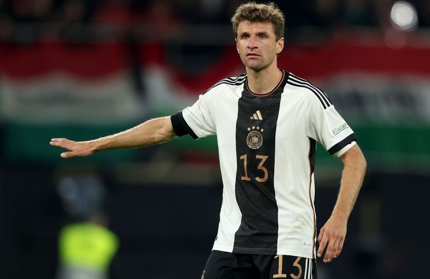 LEIPZIG, GERMANY - SEPTEMBER 23: Thomas Müller of Germany reacts during the UEFA Nations League League A Group 3 match between Germany and Hungary at Red Bull Arena on September 23, 2022 in Leipzig, G ...