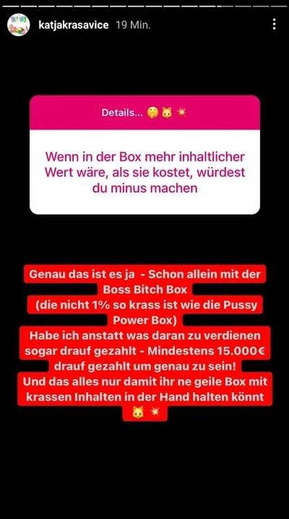 Katja Krasavice erklärte ihr Verlustgeschäft mit ihren Fan-Boxen.