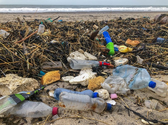 Vom Meer angespült liegen Plastikflaschen und weiterer Plastikmüll am Strand der Nordsee an der Westküste von Dänemark.