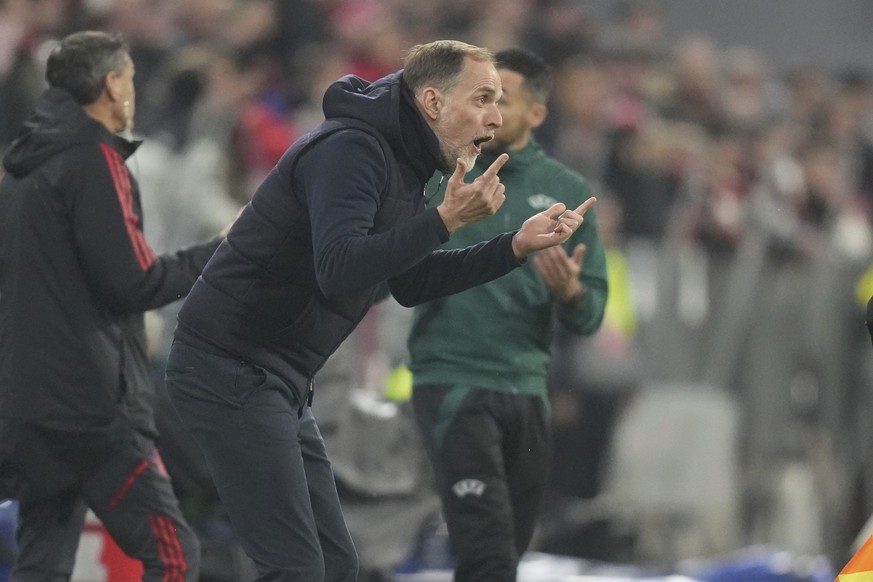 Bayern&#039;s head coach Thomas Tuchel gestures during the Champions League quarter final second leg soccer match between Bayern Munich and Manchester City, at the Allianz Arena stadium in Munich, Ger ...