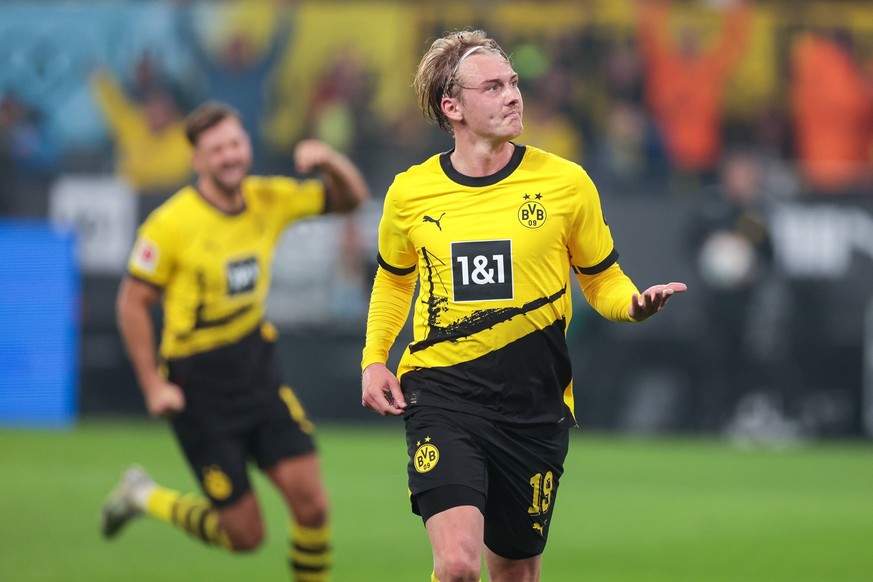 20.10.2023, Fussball, Saison 2023/2024, 1. Bundesliga, 8. Spieltag, Borussia Dortmund - SV Werder Bremen, Julian Brandt Borussia Dortmund bejubelt das Tor zum 1:0, Dortmund Signal Iduna Park NRW Deuts ...