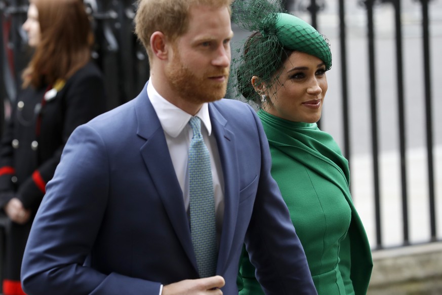 FILE - In this March 9, 2020, file photo, Britain's Harry and Meghan the Duke and Duchess of Sussex arrive to attend the annual Commonwealth Day service at Westminster Abbey in London. Almost as soon  ...