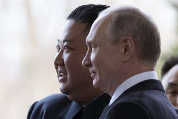 FILE - Russian President Vladimir Putin, right, and North Korea&#039;s leader Kim Jong Un pose for a photo prior to their talks in Vladivostok, Russia, on April 25, 2019. North Korea is apparently mov ...