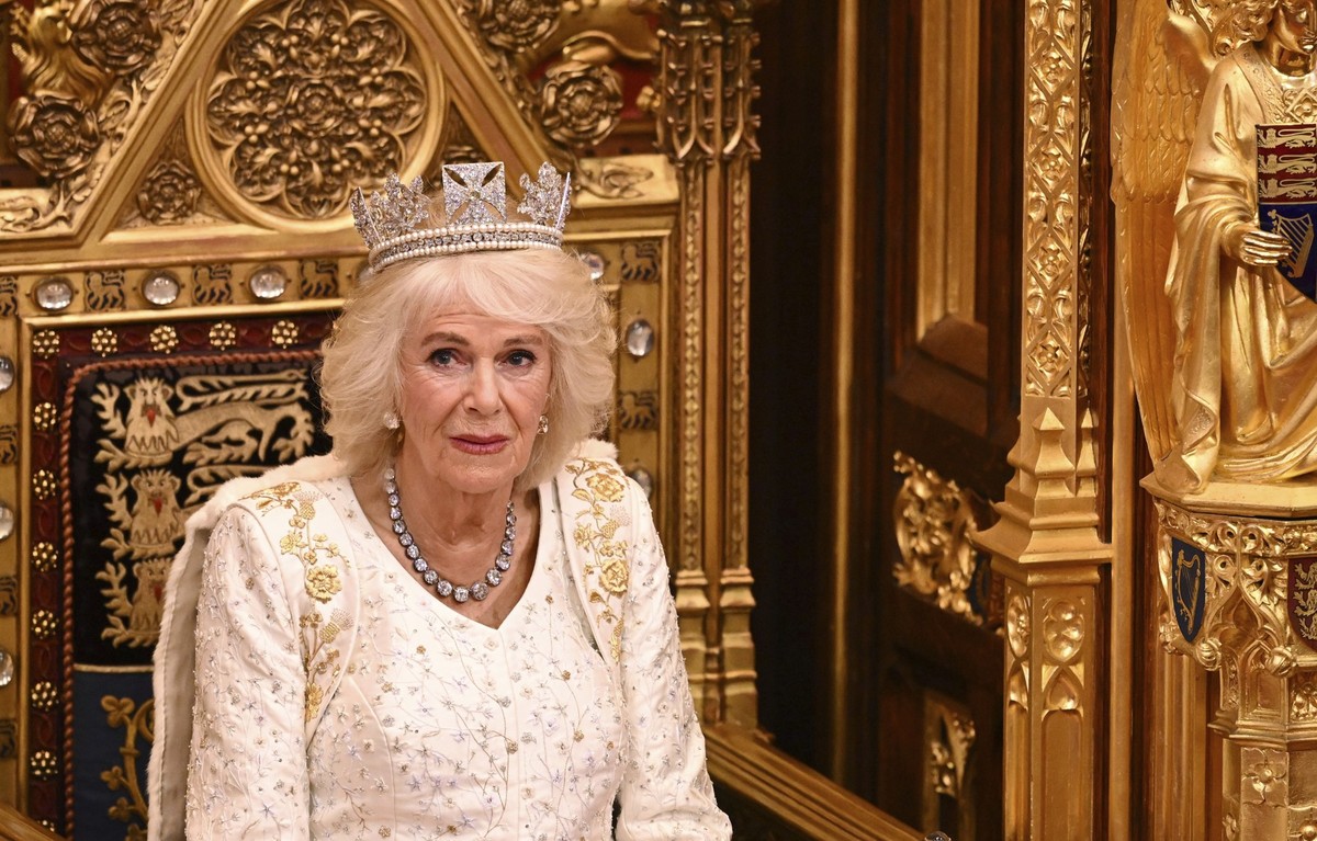 Britain&#039;s Queen Camilla attends the State Opening of Parliament at the Houses of Parliament, in London, Tuesday, Nov. 7, 2023. King Charles III will read out a speech, written by Prime Minister R ...