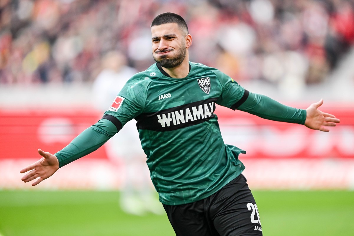 03.02.2024, Baden-Württemberg, Freiburg im Breisgau: Fußball: Bundesliga, SC Freiburg - VfB Stuttgart, 20. Spieltag, Europa-Park Stadion. Stuttgarts Deniz Undav jubelt nach dem 0:1. Foto: Harry Langer ...