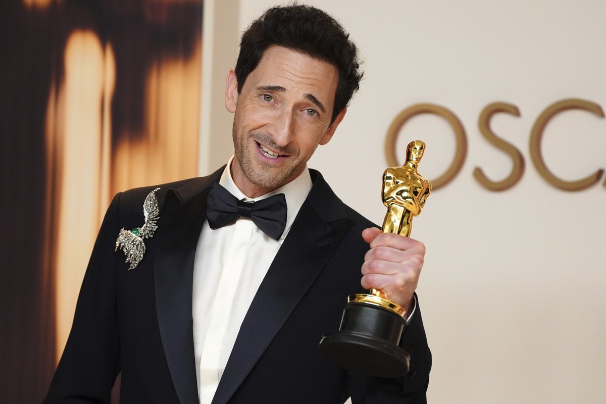 Adrien Brody, winner of the award for best performance by an actor in a leading role for &quot;The Brutalist,&quot; poses in the press room at the Oscars on Sunday, March 2, 2025, at the Dolby Theatre ...