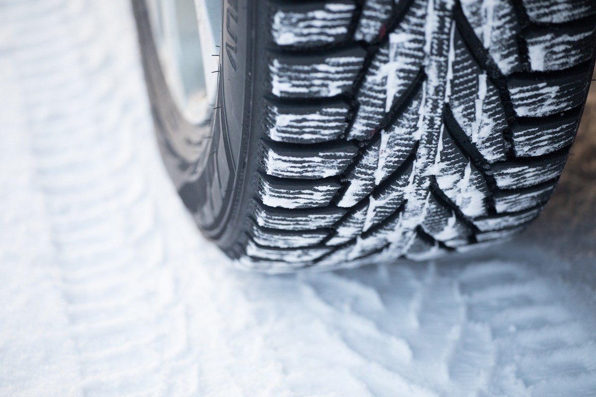 Close-up image of winter tyre without studs and is so called mud plus snow tyre