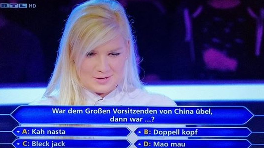 Kandidatin Lena Kotucha wusste bei "Wer wird Millionär?" schon bei der zweiten Frage nicht weiter.