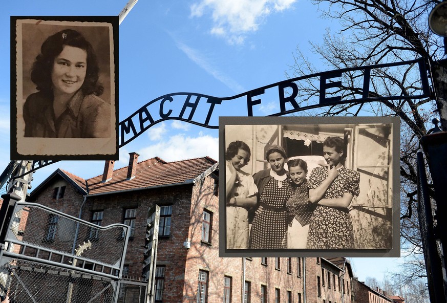 Das Auschwitz-Eingangstor. Sheindi (li.) und Schwester Yitti (re. außen) waren im Konzentrationslager inhaftiert.