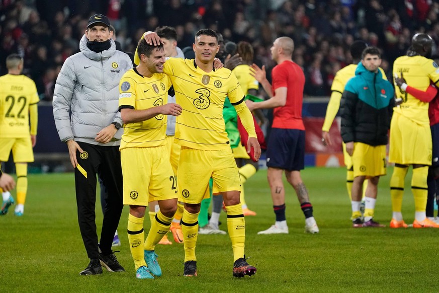 Mandatory Credit: Photo by Dave Winter/Shutterstock 12851772ax Cesar Azpilicueta of Chelsea and Thiago Silva of Chelsea celebrate at the end of the match Lille v Chelsea, UEFA Champions League, Round  ...
