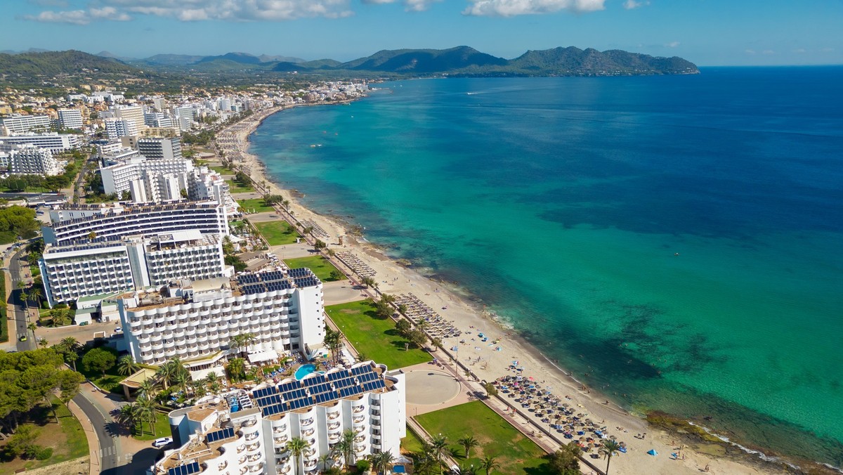 Aerial view from drone of Mediterranean Sea in Cala Millor during sunny day, Mallorca, Spain Model Released Property Released xkwx Calla Millor Mallorca Spain Mediterranean Sea seascape shoreline sunn ...