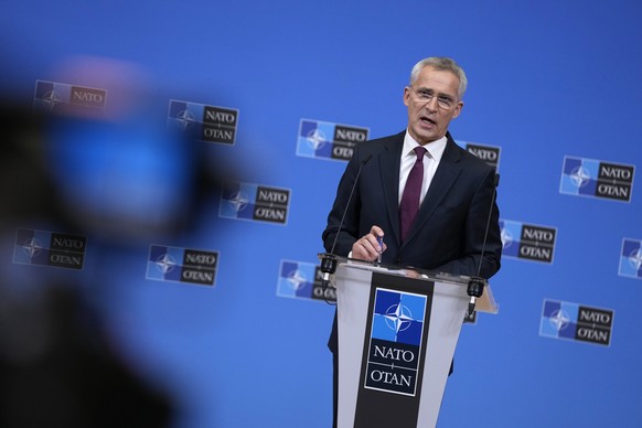 NATO Secretary General Jens Stoltenberg speaks during a media conference after a meeting of NATO defense ministers at NATO headquarters in Brussels, Friday, June 16, 2023. NATO defense ministers concl ...