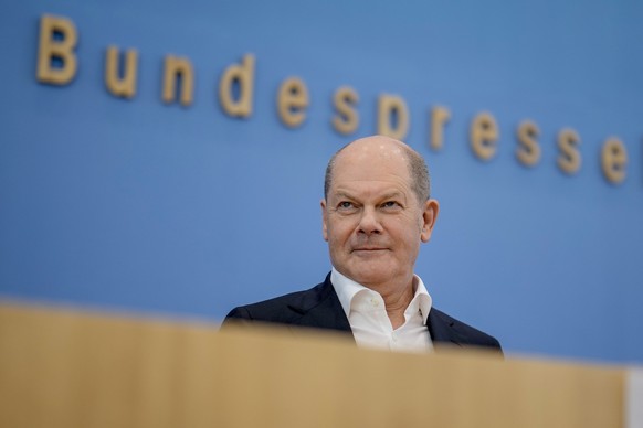German Chancellor Olaf Scholz speaks during his annual summer press conference in Berlin, Germany, Friday, July 14, 2023. (AP Photo/Markus Schreiber)