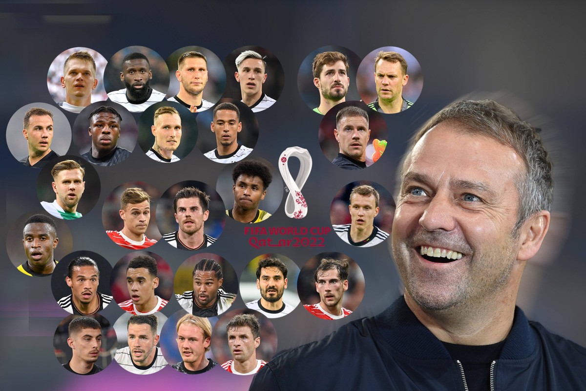 FOTOMONTAGE: Bundestrainer Hans Dieter Hansi FLICK GER: Kader Bekanntgabe fue fuer die Fifa Fussball WM in Qatar. Torhueter:Manuel Neuer, Marc-Andr ter Stegen und Kevin TrappAbwehr:Armel Bella Kotchap ...