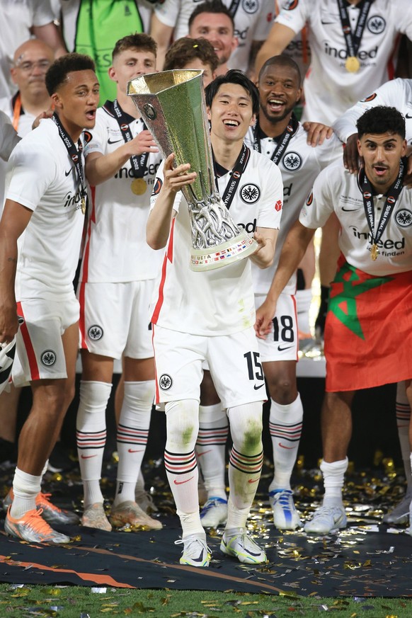 Football - UEFA Europa League Final - Eintracht Frankfurt v Rangers 18th May 2022 - UEFA Europa League Final - Eintracht Frankfurt v Rangers - Daichi Kamada of Eintracht Frankfurt holds the trophy - P ...