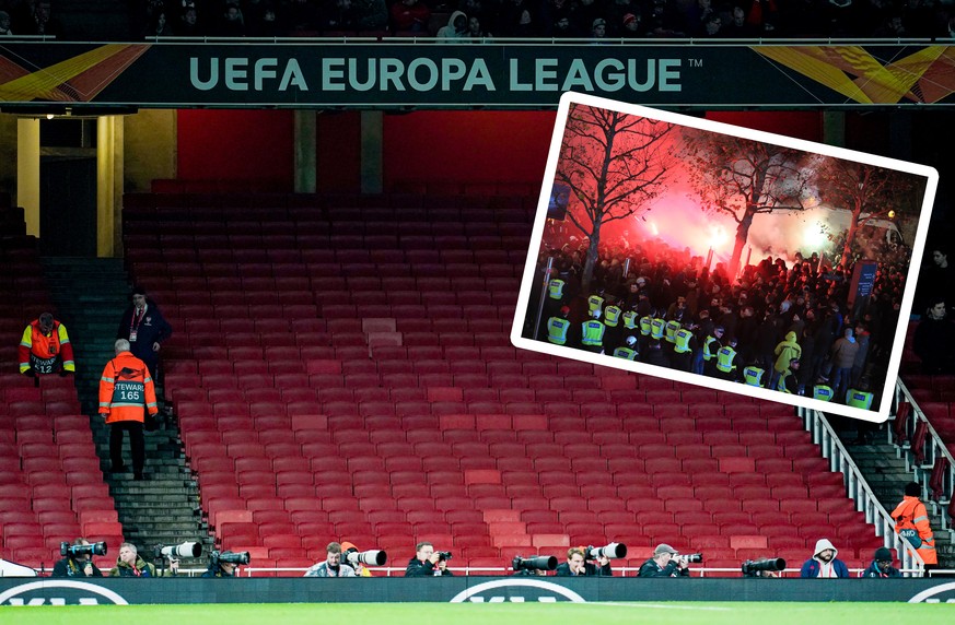 dpatopbilder - 28.11.2019, Großbritannien, London: Fußball: Europa League, Gruppenphase, Gruppe F, 5. Spieltag, FC Arsenal - Eintracht Frankfurt im Emirates Stadium. Blick auf den leeren Gästeblock. F ...