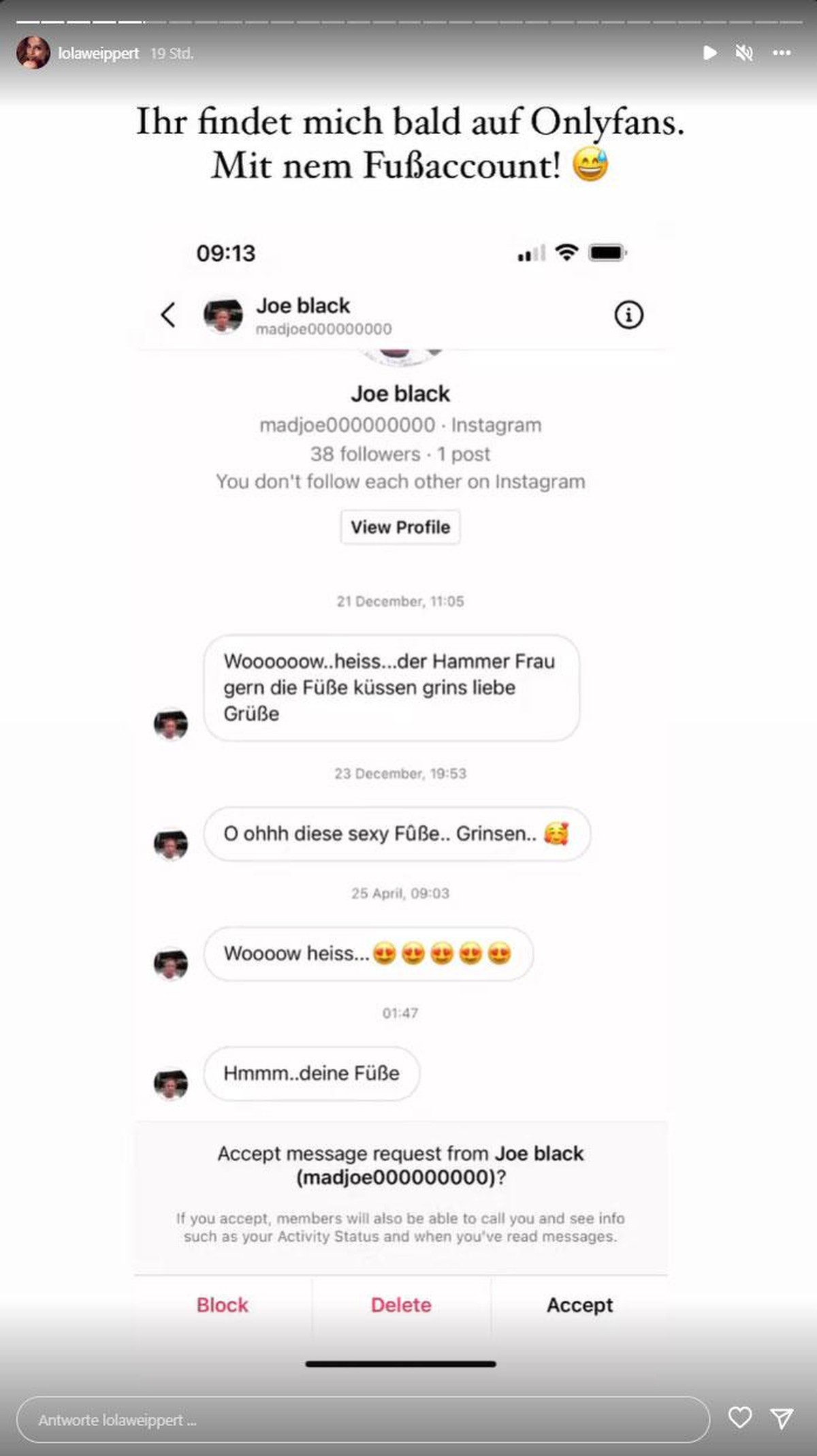 Lola Weippert reagiert amüsiert auf die Nachrichten eines Fans.