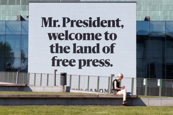 A message is displayed on a video wall at the Helsinki Music Centre, ahead of meeting between the U.S. President Donald Trump and Russian President Vladimir Putin in Helsinki, Finland July 15, 2018. R ...