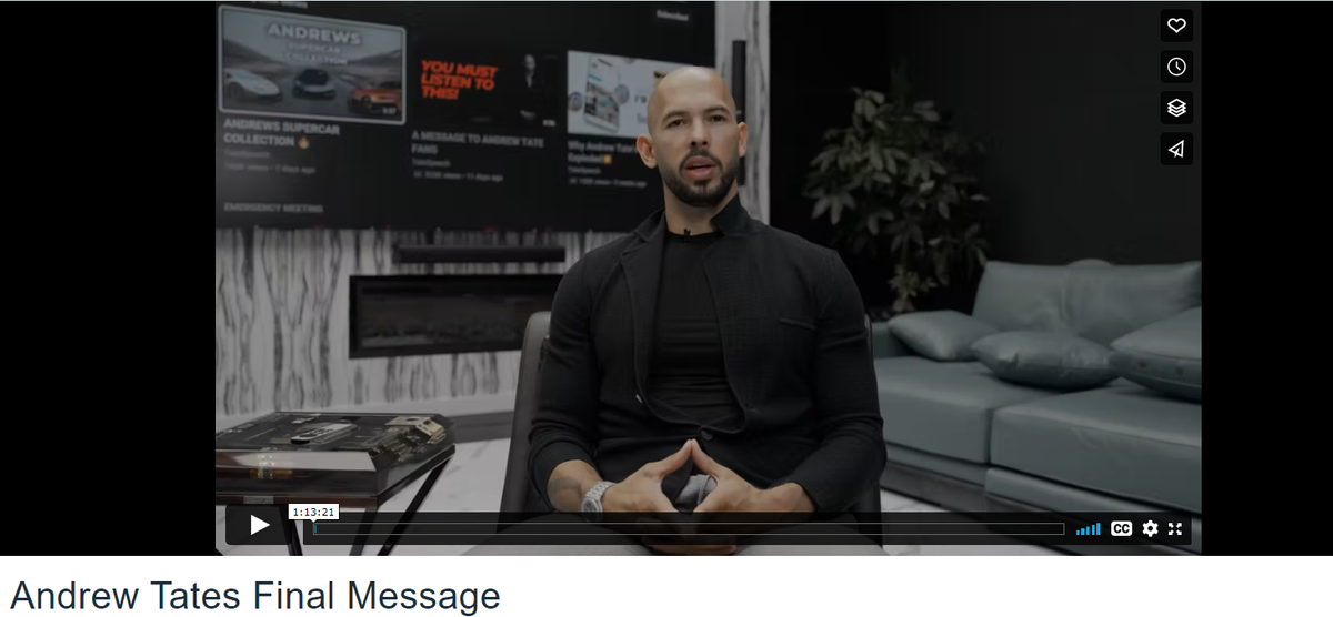 Nachdem seine Accounts auf den großen Social-Media-Plattformen gesperrt wurden, veröffentlichte Andrew Tate ein einstündiges Video bei Vimeo.
