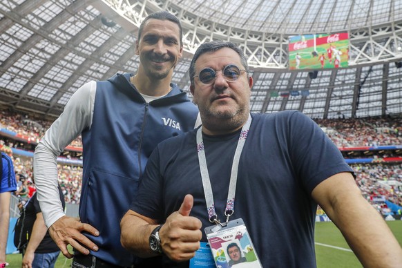 (L-R) Zlatan Ibrahimovic, players agent Mino Raiola during the 2018 FIFA World Cup WM Weltmeisterschaft Fussball Russia group F match between Germany and Mexico at the Luzhniki Stadium on June 17, 201 ...