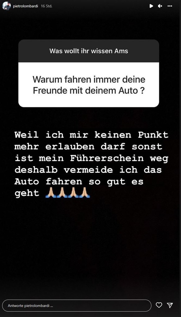 Pietro Lombardi offenbart, warum er derzeit nicht mit seinem Auto fährt.