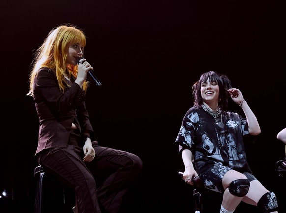 INDIO, CALIFORNIA - APRIL 23: (L-R) Hayley Williams and Billie Eilish perform on the Coachella stage during the 2022 Coachella Valley Music And Arts Festival on April 23, 2022 in Indio, California. (P ...