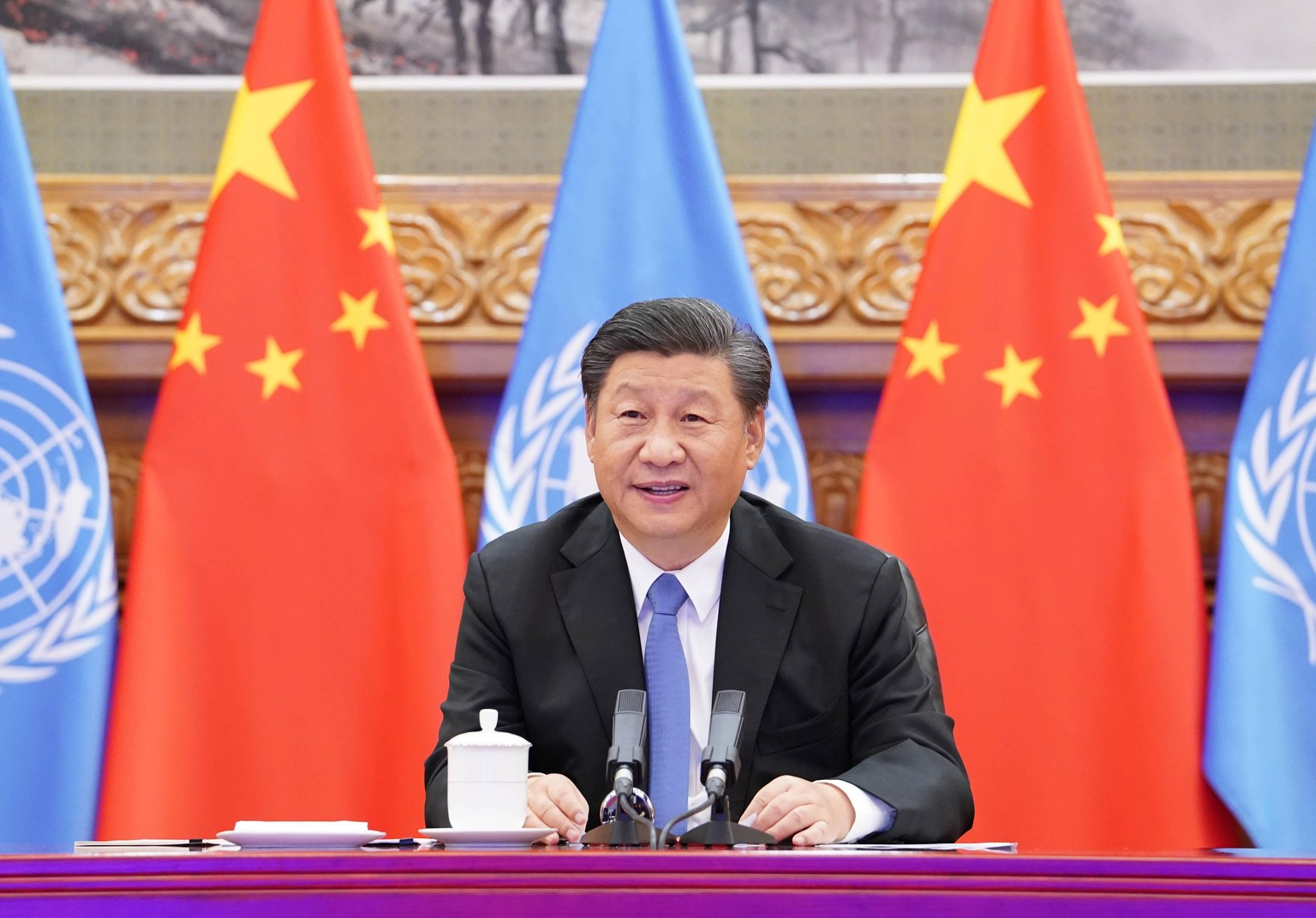 200923 -- BEIJING, Sept. 23, 2020 -- Chinese President Xi Jinping has a videoconference with United Nations UN Secretary-General Antonio Guterres in Beijing, capital of China, Sept. 23, 2020. CHINA-BE ...