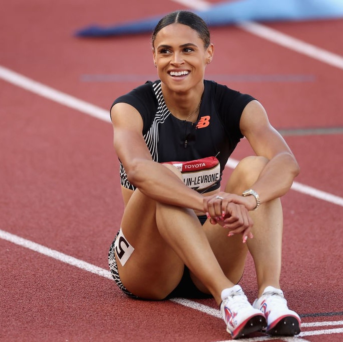 EUGENE, OREGON - JULY 08: Sydney McLaughlin-Levrone reacts after winning the Women&#039;s 400m Final during the 2023 USATF Outdoor Championships at Hayward Field on July 08, 2023 in Eugene, Oregon. (P ...