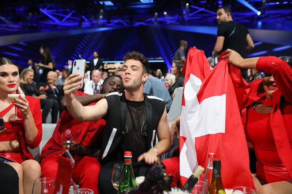 TEL AVIV, ISRAEL - MAY 18: Luca Hänni of Switzerland (C) and guests during the 64th annual Eurovision Song Contest held at Tel Aviv Fairgrounds on May 18, 2019 in Tel Aviv, Israel. (Photo by Guy Prive ...