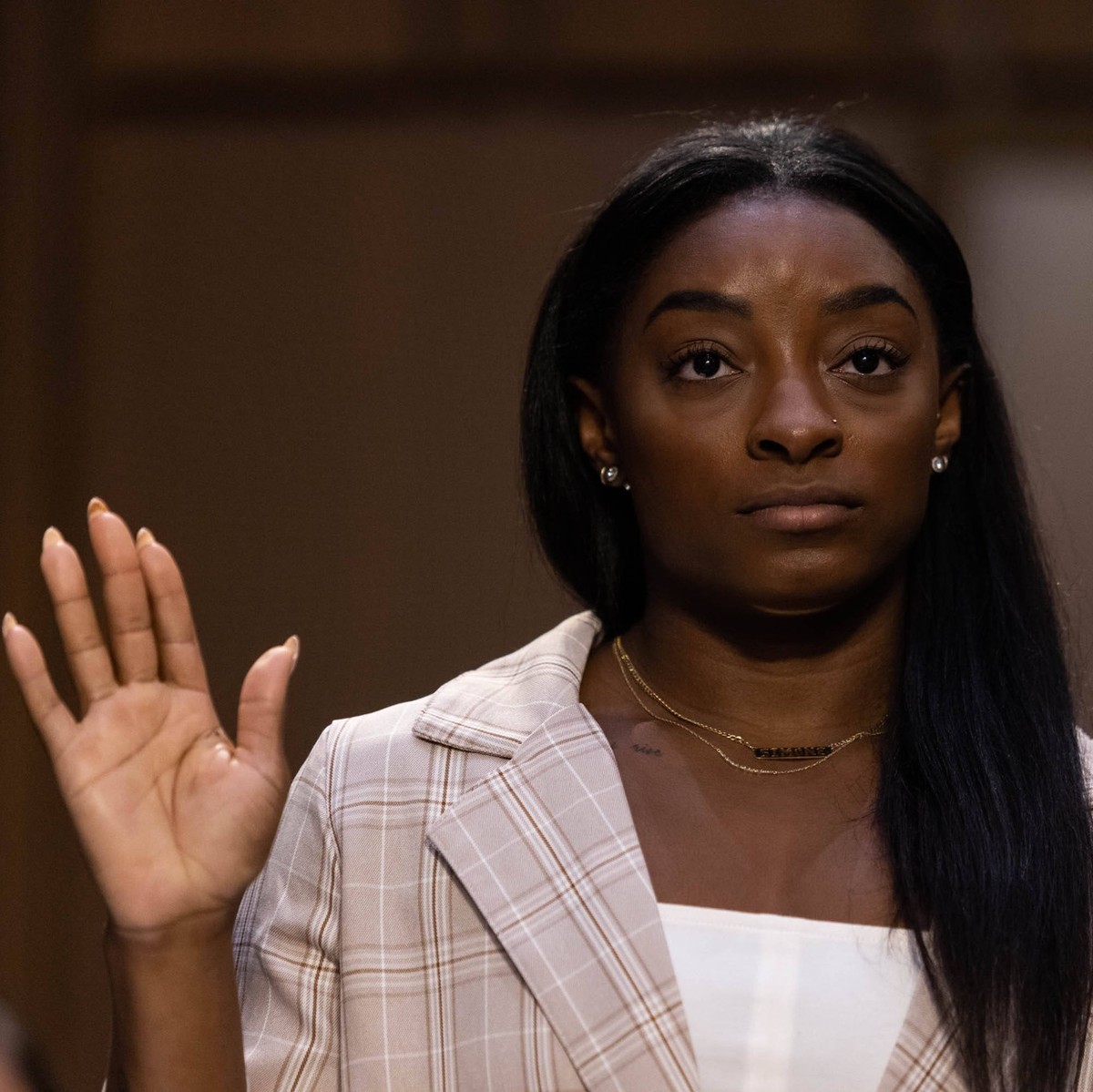 September 15, 2021, Washington, District of Columbia, USA: United States Olympic gymnast Simone Biles is sworn in during a Senate Judiciary hearing about the Inspector General s report on the FBI s ha ...